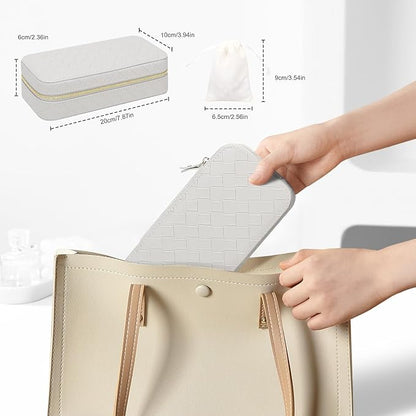 DesignSter Jewelry Organizer, Small Portable Travel Jewelry Storage for Women, Woven Embossed PU Jewelry Case with Mirror for Ring Earring Necklace Bracelet