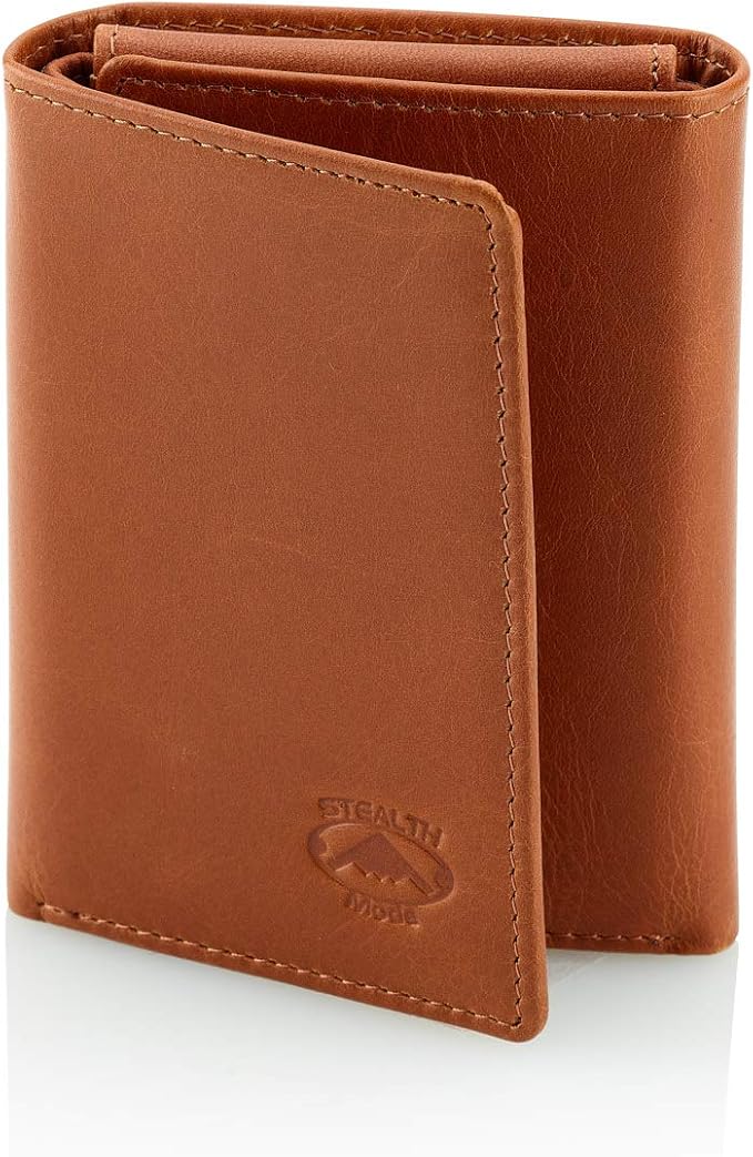 Stealth Mode Trifold Wallet - RFID Blocking Wallet with Flip ID Holder - Leather Case for Money, Credit Cards - Mens Organizer, Divided Billfold, Identity Protection - Men's Gifts (Light Brown)