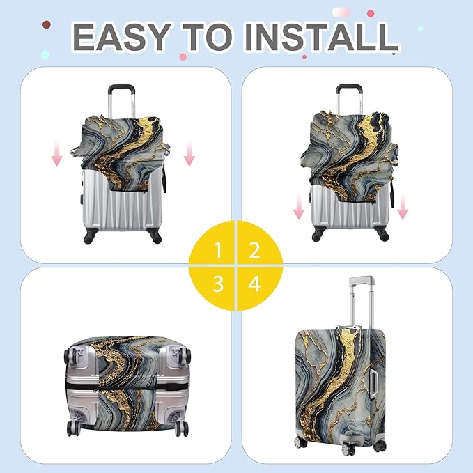 ANNA QUEEN Luxury Marble Gold Luggage Cover, Elegant Black & Grey Suitcase Protector with Faux Gold Vein Design, Stretchable, Washable Spandex Cover for 28-30 Inch Luggage