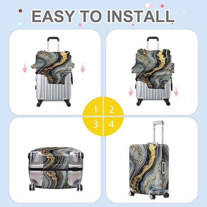 ANNA QUEEN Luxury Marble Gold Luggage Cover, Elegant Black & Grey Suitcase Protector with Faux Gold Vein Design, Stretchable, Washable Spandex Cover for 20-22 Inch Luggage