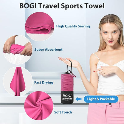 BOGI Microfiber Travel Sports Towel-Quick Dry Towel, Soft Lightweight Microfiber Camping Towel Absorbent Compact Travel Towel for Camping Gym Yoga Swimming Backpacking (L:60''x30''+16''x16''-Hpink)