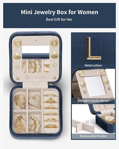 Vlando Travel Jewelry Case for Women Girls, L Initial Travel Jewelry Case, Small Jewelry Travel Case, Birthday Gifts for Women Mom Grandma - Letter L, Dark Blue