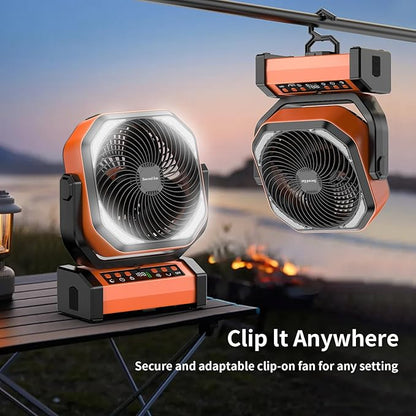 Socool Camping Fan with Light - 20000mAh Rechargeable Battery Fan, 112Hrs Max Run Time, 9 Speeds, Digital Display, Timer, Auto Oscillation, 270° Pivot & Hook for Camping, Power Outage, Hurricane