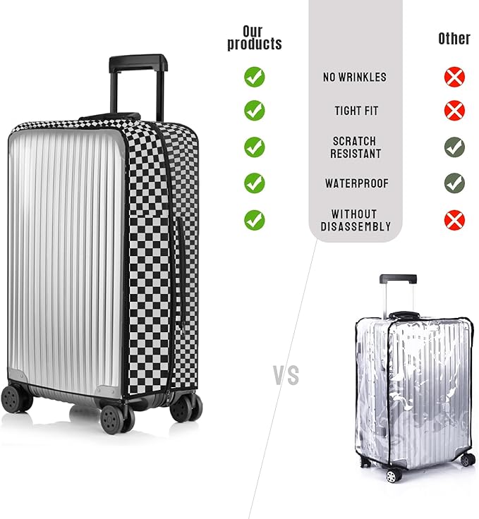 No Disassembly Suitcase Covers for Luggage - 30 Inch Clear Luggage Cover Protector, B/W Check PVC Luggage Protector Suitcase Cover
