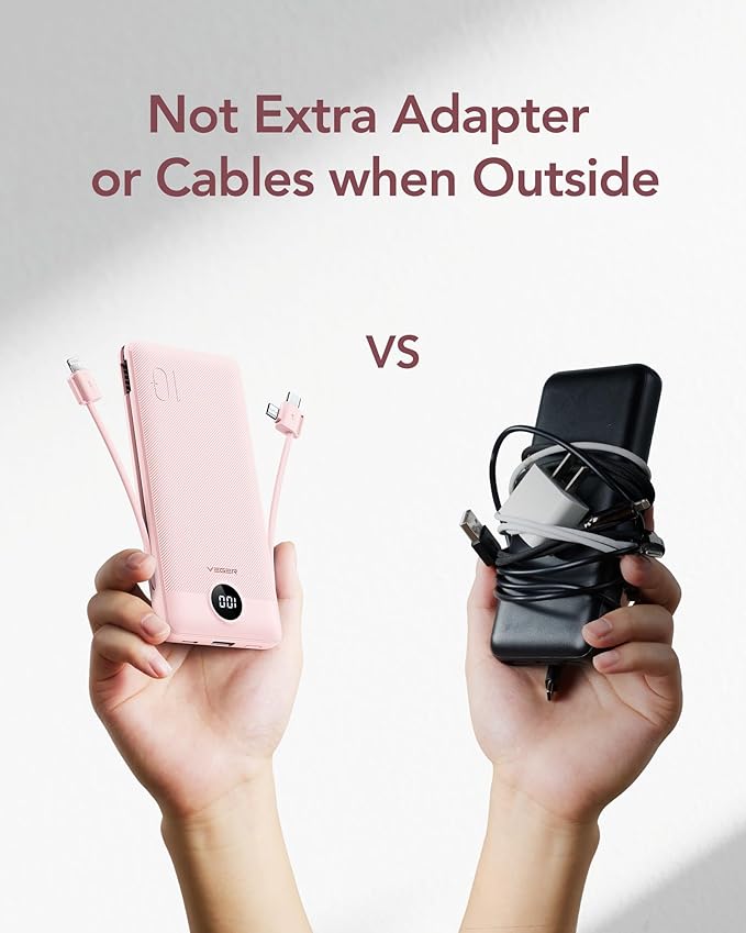 VEGER Portable Charger with Built-in AC Plug and Cables, All in One 10000mAh Ultra Slim Power Bank Travel Essentials, 15W Fast Charging Battery Pack Compatible with iPhone, Samsung, Android (Crepe)