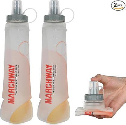 MARCHWAY Soft Hydration Flask with Wide Mouth, 300ml/500ml Collapsible TPU Water Bottle, Leakproof Portable Flexible for Running, Hiking, Cycling, Climbing, Gym, Travel (2pcs White 500ml)