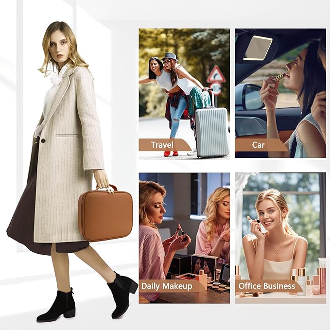 Travel Makeup Bag for Women and Makeup Artists Cosmetic Organizer Large Makeup Case,Travel Makeup Bag with Mirror 3 Color Setting,Portable Storage and Adjustable Dividers(CARAMEL COLOR)