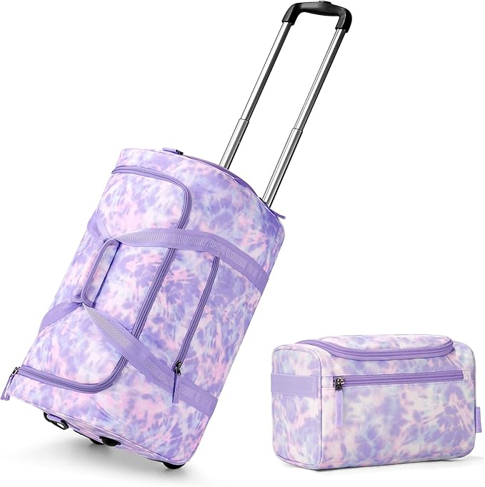Choco Mocha Girls Tie Dye Suitcase with Wheels Kids with a Kids Toiletry Bag Purple Rolling Duffle Bag for Camping Teen Girls Toddler Luggage Bag for Travel, 22inch