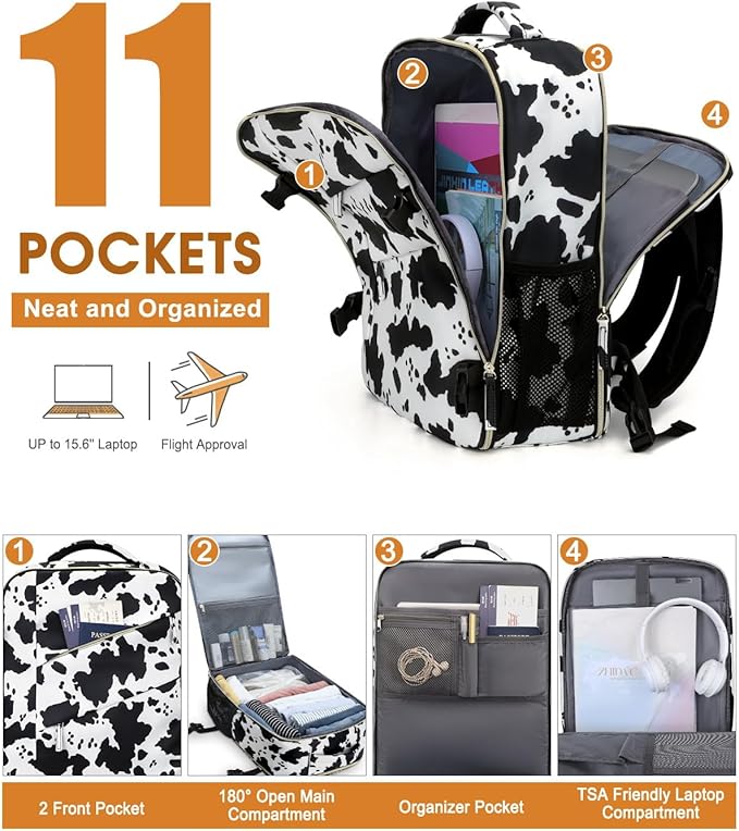 Capolo Travel Backpack for Women Men Waterproof Laptop Backpack Flight Approved Carry On Backpack Overnight Weekender Bag College Bookbag for Business, Work, Traveling Fits 15.6 '' Laptop,Cow Print