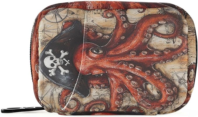 Octopus Pirate and Compass Travel Pill Organizer Case Box Container Weekly Portable Vitamin Medicine Holder Storage Bag with Zipper Removable