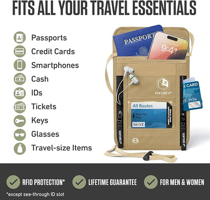 VENTURE 4TH Neck Wallet, RFID Blocking Passport Holder for Travel – Hidden Neck Pouch with 6 Compartments, Slim Lightweight Organizer with Adjustable Strap for Cash, Cards & Passport (Beige)