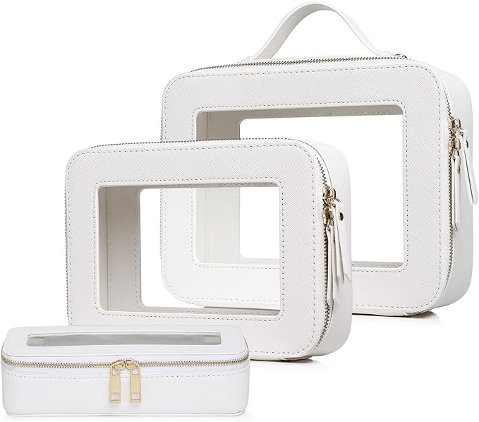 Pinkmik Clear Makeup Bag with Brush Bag 3pcs Waterproof Travel Case for Cosmetics and Toiletries Women's Makeup Organizer with Zipper (White, L+M+SLIM)