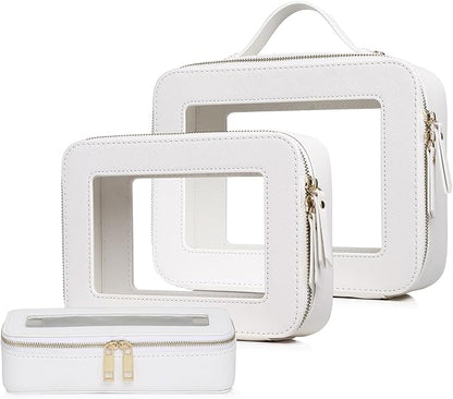 Pinkmik Clear Makeup Bag with Brush Bag 3pcs Waterproof Travel Case for Cosmetics and Toiletries Women's Makeup Organizer with Zipper (White, L+M+SLIM)