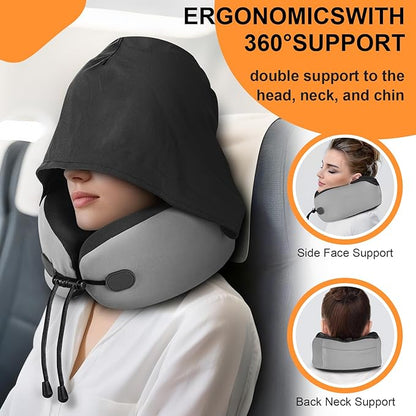 Neck Pillow for Travel - Hooded Memory Foam Plane Pillow for Airplane, Office, Cars Sleeping, Road Trip, Long Flights, Portable Plane Accessories, Includes Eye Mask & Earplugs Blue