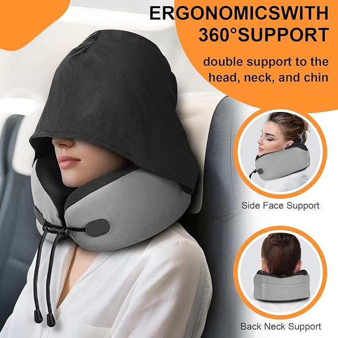 Neck Pillow for Travel - Hooded Memory Foam Plane Pillow for Airplane, Office, Cars Sleeping, Long Flight Must Haves, Portable Road Trip Essentials for Adults Gray