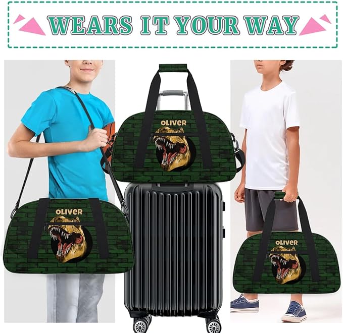 Personalized Duffel Bag for Kids Girls Boys, Scary Dinosaur Custom Name Gym Bag Overnight with Padded Handles Carry On Weekend Sports Travel Bag for School Practice Gymnastics Ballet