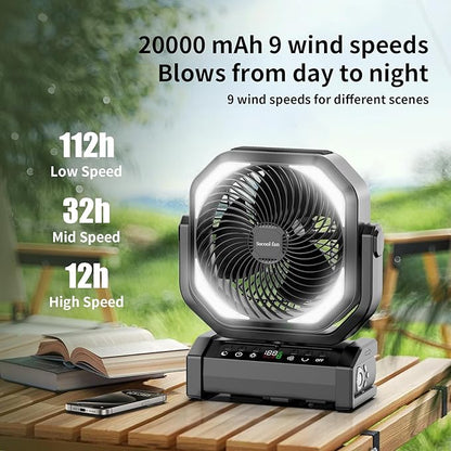 Socool Camping Fan with Light - 20000mAh Rechargeable Battery Fan, 112Hrs Max Run Time, 9 Speeds, Digital Display, Timer, Auto Oscillation, 270° Pivot & Hook for Camping, Power Outage, Hurricane
