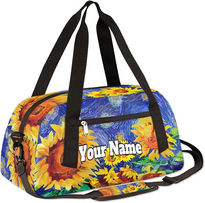 Custom Your Name Oil Painting Sunflower Personalized Text Gym Duffle Bag for Kids,Sports Bag for Teens Boys & Girls Small Waterproof Overnight Weekender Carry School Practice Travel Bag