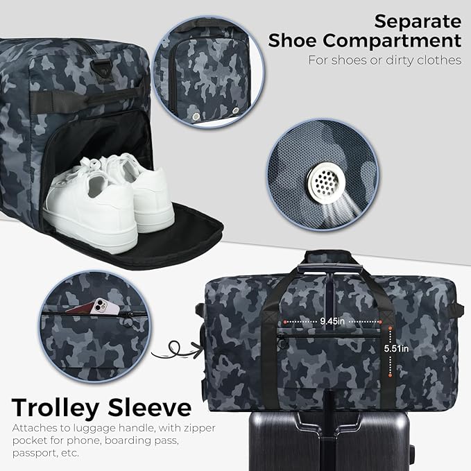 Fmeida 65L Duffle Bag with Shoes Compartment, Foldable Travel Duffel Bags for Men Women, Large Packable Travel Bag Water Repellent & Tear Resistant (BlackCamo)