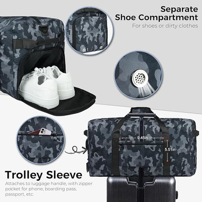 Fmeida 65L Duffle Bag with Shoes Compartment, Foldable Travel Duffel Bags for Men Women, Large Packable Travel Bag Water Repellent & Tear Resistant (BlackCamo)