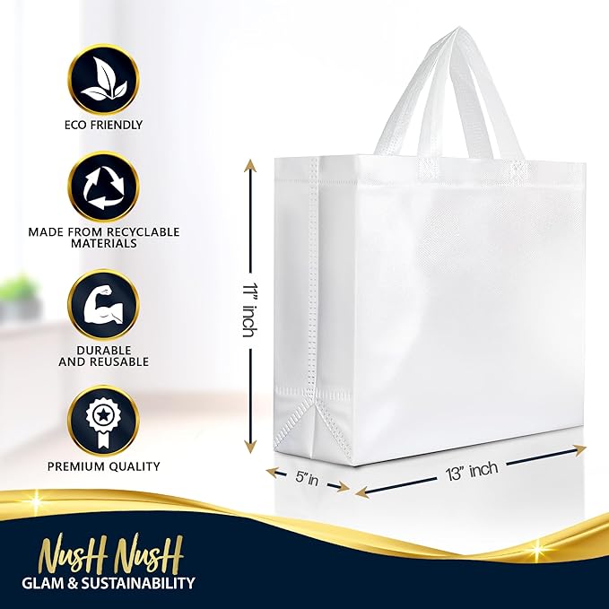 Nush Nush Large White Gift Bags Bulk - Set of 60 Reusable White Gift Bags Large Size With Handles - For Small Business Use, Wedding Gifts, Birthday Party Favor, Christmas, Holidays - 13x5x11 Size