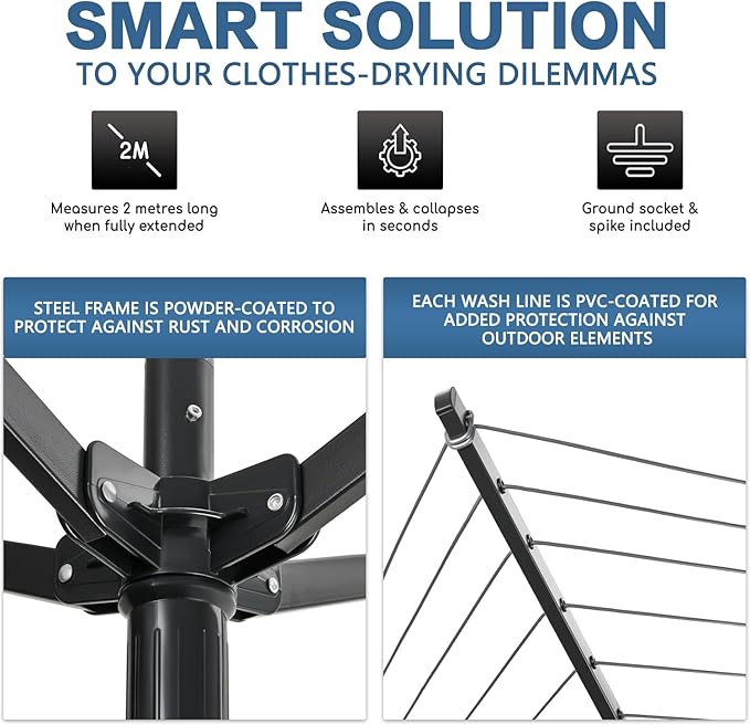 A-xctoe Rotary Outdoor Umbrella Drying Rack Adjustable Height Clothesline w/Waterproof Protective Cover Folding Rotary Dryer with 4-Aluminum Arms and Steel Post | 12-Lines with 165 ft Clothesline