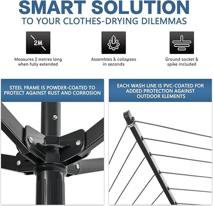 A-xctoe Rotary Outdoor Umbrella Drying Rack Adjustable Height Clothesline w/Waterproof Protective Cover Folding Rotary Dryer with 4-Aluminum Arms and Steel Post | 12-Lines with 165 ft Clothesline