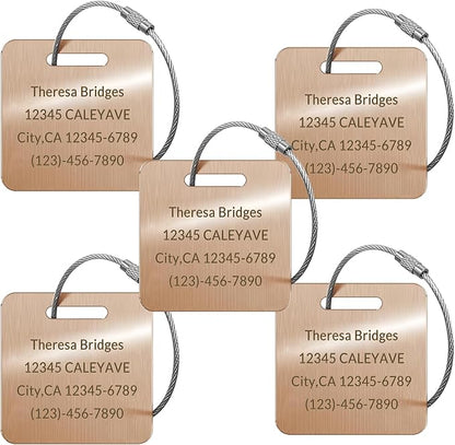 (5pack Made in USA) Personalized Luggage Tags-Custom Metal Luggage Tags for Suitcases, Backpacks Bags Handbags (Rose Gold (2×2))
