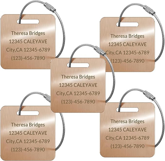 (5pack Made in USA) Personalized Luggage Tags-Custom Metal Luggage Tags for Suitcases, Backpacks Bags Handbags (Rose Gold (2×2))