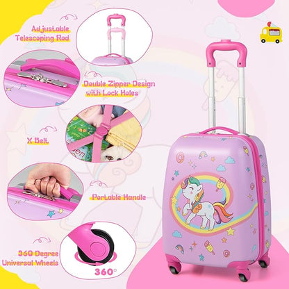 KOTEK Kids Carry On Luggage Set, 16" Hardside Rolling Suitcase with Spinner Wheels, Travel Rolling Luggage for Boys Girls (Pink Unicorn)