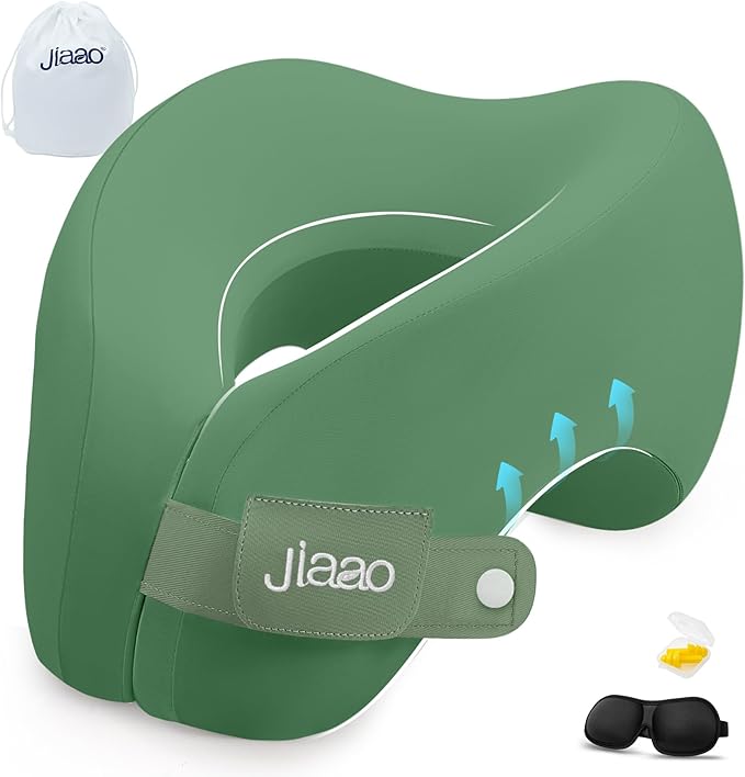 jiaao Neck Pillow Airplane, Memory Foam Travel Neck Pillows for Long Flight, 3D Eye Masks, Ear Plugs and Portable Drawstring Bag, Napping Pillow for Home, Road Trips, Sleep Rest and Travel Use