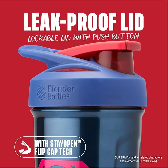 BlenderBottle Superman Strada Shaker Cup Insulated Stainless Steel Water Bottle with Wire Whisk, 24-Ounce, Man of Steel - Blue