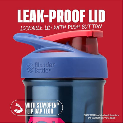 BlenderBottle Superman Strada Shaker Cup Insulated Stainless Steel Water Bottle with Wire Whisk, 24-Ounce, Man of Steel - Blue