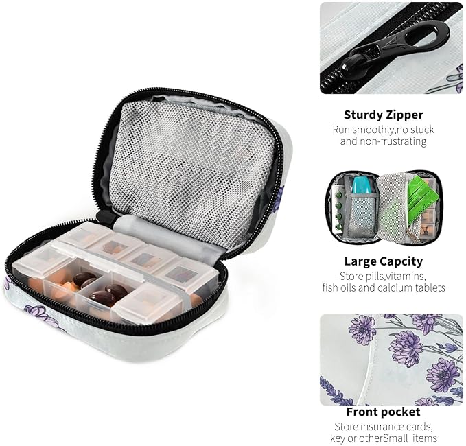 Pill Organizer Box Case Weekly Travel Pill Container Holder 7Day Cute Vitamin Organizer Dispenser Sorter Planner Storage Small Compact Ink Purple Chrysanthemum and Lavender04