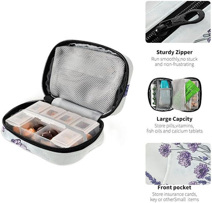 Pill Organizer Box Case Weekly Travel Pill Container Holder 7Day Cute Vitamin Organizer Dispenser Sorter Planner Storage Small Compact Ink Purple Chrysanthemum and Lavender04