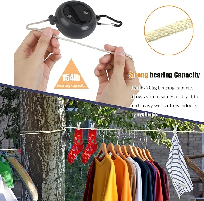 32Ft Portable Travel Clothesline Caudblor Adjustable Camping Clothes Laundry Drying Rope for Hotel Trip, Cruise, Outdoor/Indoor with 10 Windproof Clips, 10 Clothespins, 1 Storage Bag（Black）
