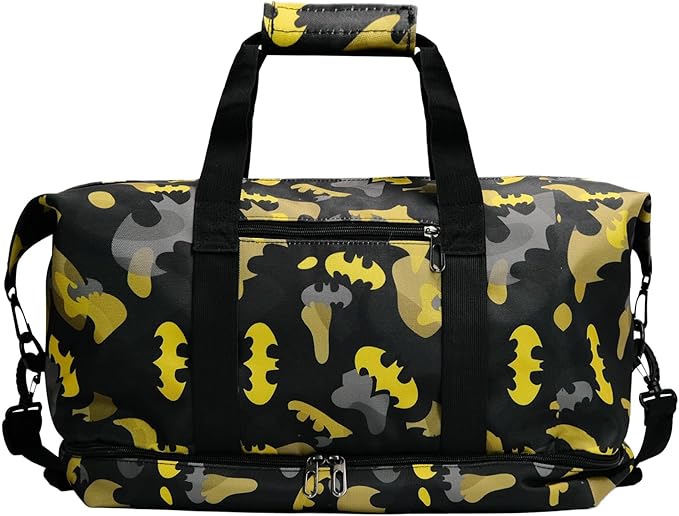 BATMAN Durable Travel Duffel Bag with Bold Yellow and Black Camouflage Pattern, Spacious Interior for All Essentials, Adjustable Shoulder Strap, Reinforced Handles,Stylish Design for Every Traveler
