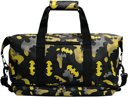 BATMAN Durable Travel Duffel Bag with Bold Yellow and Black Camouflage Pattern, Spacious Interior for All Essentials, Adjustable Shoulder Strap, Reinforced Handles,Stylish Design for Every Traveler