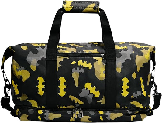 BATMAN Durable Travel Duffel Bag with Bold Yellow and Black Camouflage Pattern, Spacious Interior for All Essentials, Adjustable Shoulder Strap, Reinforced Handles,Stylish Design for Every Traveler