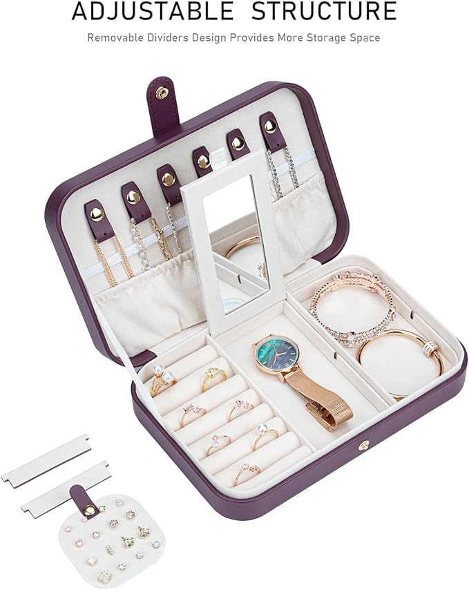 2-Layer Travel Jewelry Box for Women, Portable Jewelry Organizer with Mirror & Removable Dividers, PU Leather Jewelry Case – Gift for Wife, Mom, Girlfriend (Burgundy White)