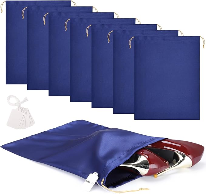 Ewen 7 Pack Satin Drawstring Shoe Bags with Blank Tags, 11.8x15.7in Dust Bags for Handbags Home Storage, Travel Essentials Small Packing Bag Dustproof, Dark Blue Purse Organizer Jewelry Organization