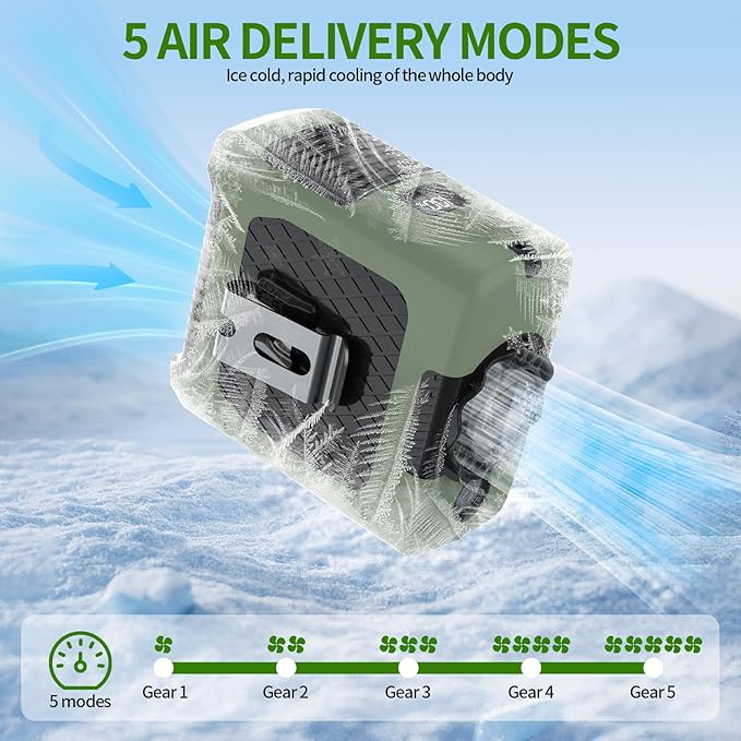 Portable Fan Wearable Personal Fan with 5 Speed Max 55 Working Hours Low Noise Portable Neck Fans Cooling Waist Fans for Camping Traveling LED Power Display 10000mAh Rechargeable (Dark Green)