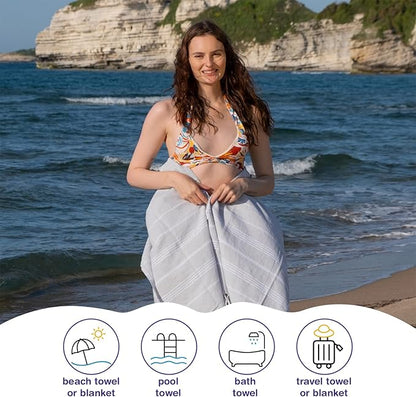 Turkish Beach Towels, Bulk Case of 12 | Oversized, Quick Dry, Sand Free | 100% Cotton, Large 38x71 Towels for Beach, Pool, Travel | Ultra-Soft, Compact, Absorbent | Light Gray