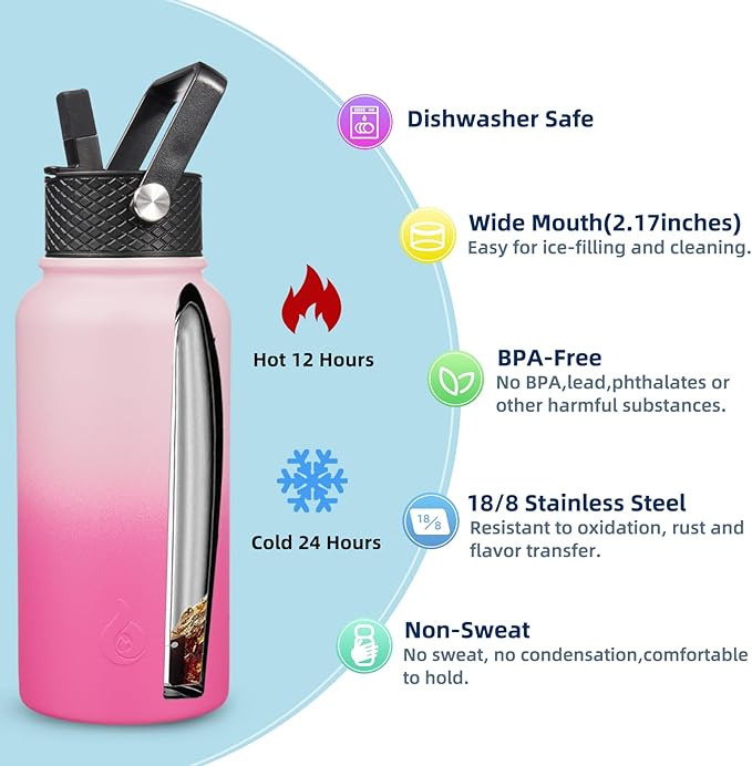 BJPKPK Insulated Water Bottles with Straw Lid, 27oz Stainless Steel Water Bottle with 3 Lids, Leak Proof BPA Free Metal Thermo, Mugs, Tumblers, Keep Cold Hot -Cherry