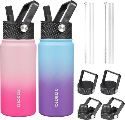 BJPKPK 2 Pack Insulated Water Bottles with Straw Lids, 18oz Stainless Steel Metal Water Bottle with 6 Lids, Leak Proof BPA Free Jugs, Cups, Flasks for Travel, Sports (Cherry+Ocean Dream)