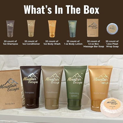 Mountain Escape - Premium Hotel Soaps & Toiletries Bulk Set with 1oz Travel Size Shampoo and Conditioner, Body Wash, Lotion, and 2 guest Soaps - Rental Ready Amenities Kit (120 Pieces)