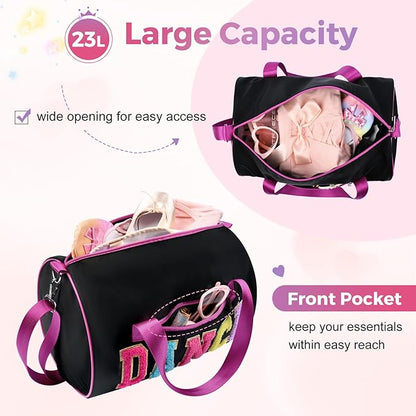 Dance Bag for Girls, KUIRAN 23L Waterproof Travel Duffel Bag with Colorful Chenille Letter, Lightweight Small Gym Sport Ballet Bag Weekender Bag with Large Main Compartment 15"Lx9"Wx9"H - Black