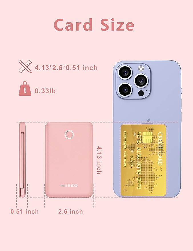 6000mah Ultra Slim Built in Cables Power Bank, Card Size Built in USB C Cords Battery Pack Portable Charger for Phones, 3 Output External Battery Pack Compatible with iPhone, 2-Pack Black & Pink