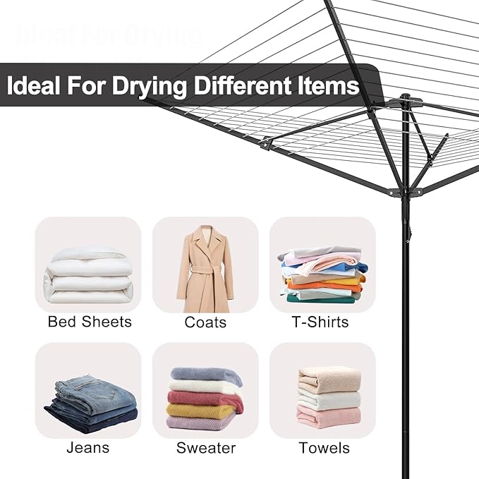 Umbrella Clothesline Outdoor, Rotary Retractable Clothes Line Outdoors Adjustable Height Drying Rack Clothing 4 Arms 12 Lines with 165 Feet Heavy Duty Outdoor Clothesline for Backyard