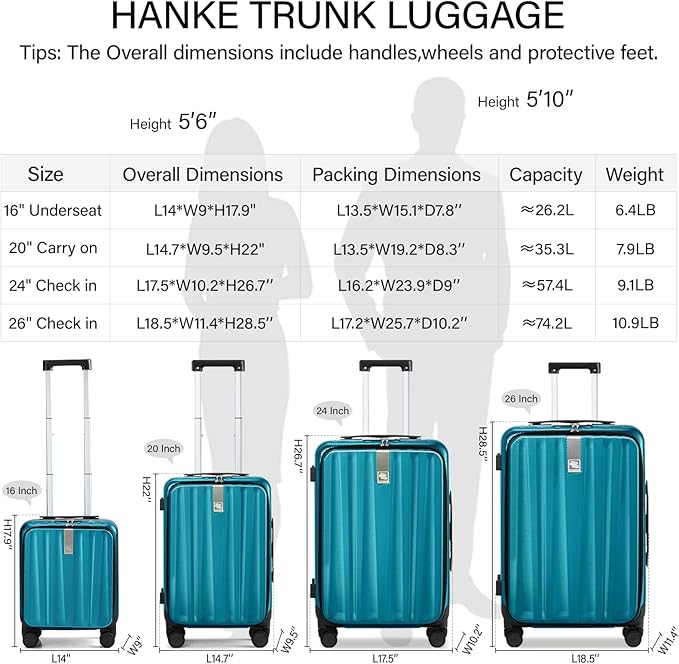 Hanke 16 Inch Small Carry On Luggage Hard Shell Top Opening Aluminum Frame Suitcase with Spinner Wheels, Underseat Front Open Luggage for Men & Women Business Travel and Short Trips, Caribbean Blue